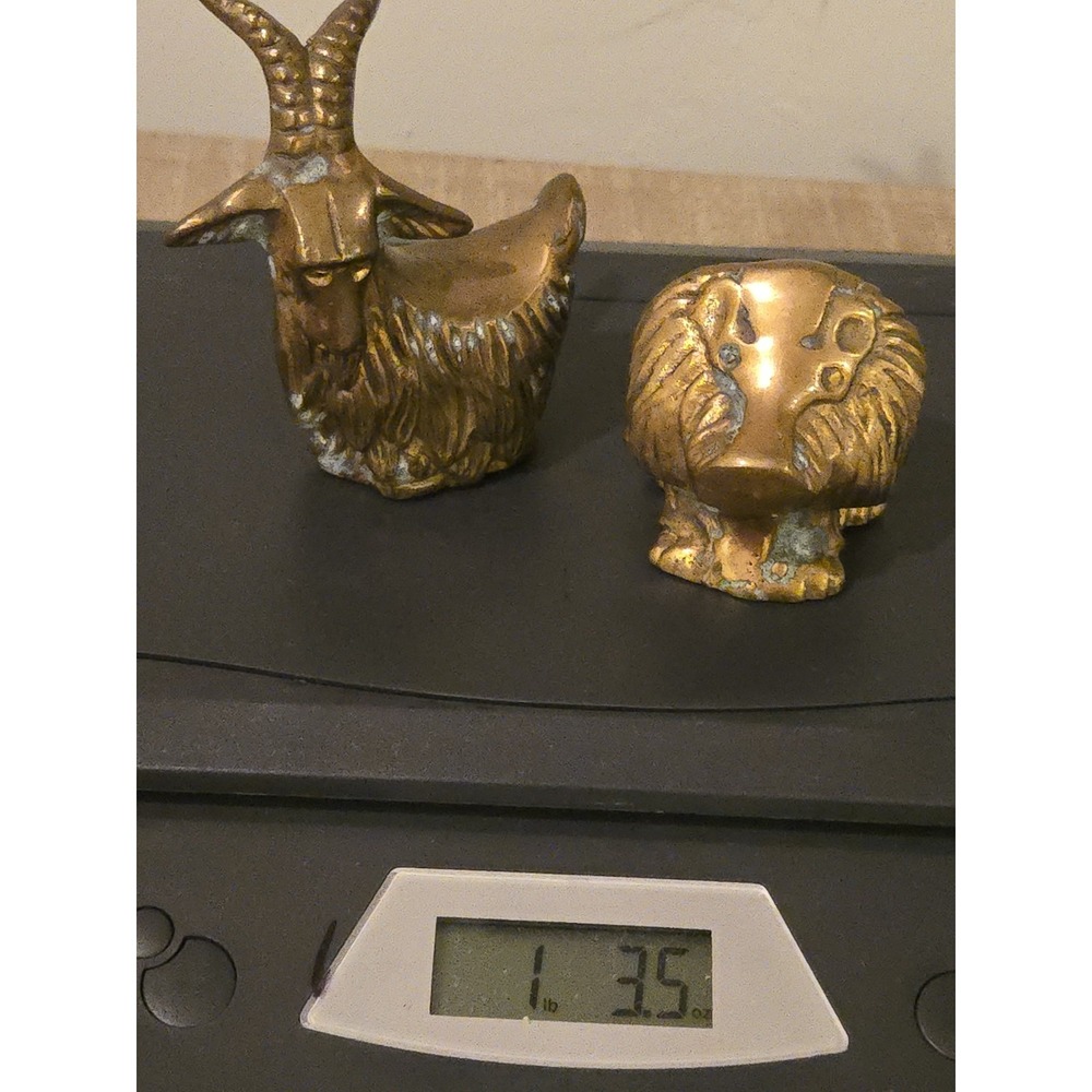 2 Vtg Brass Animals Lion & Ram Small MCM Taiwan Big Horn Sheep 3" Tall Patina - Picture 12 of 15